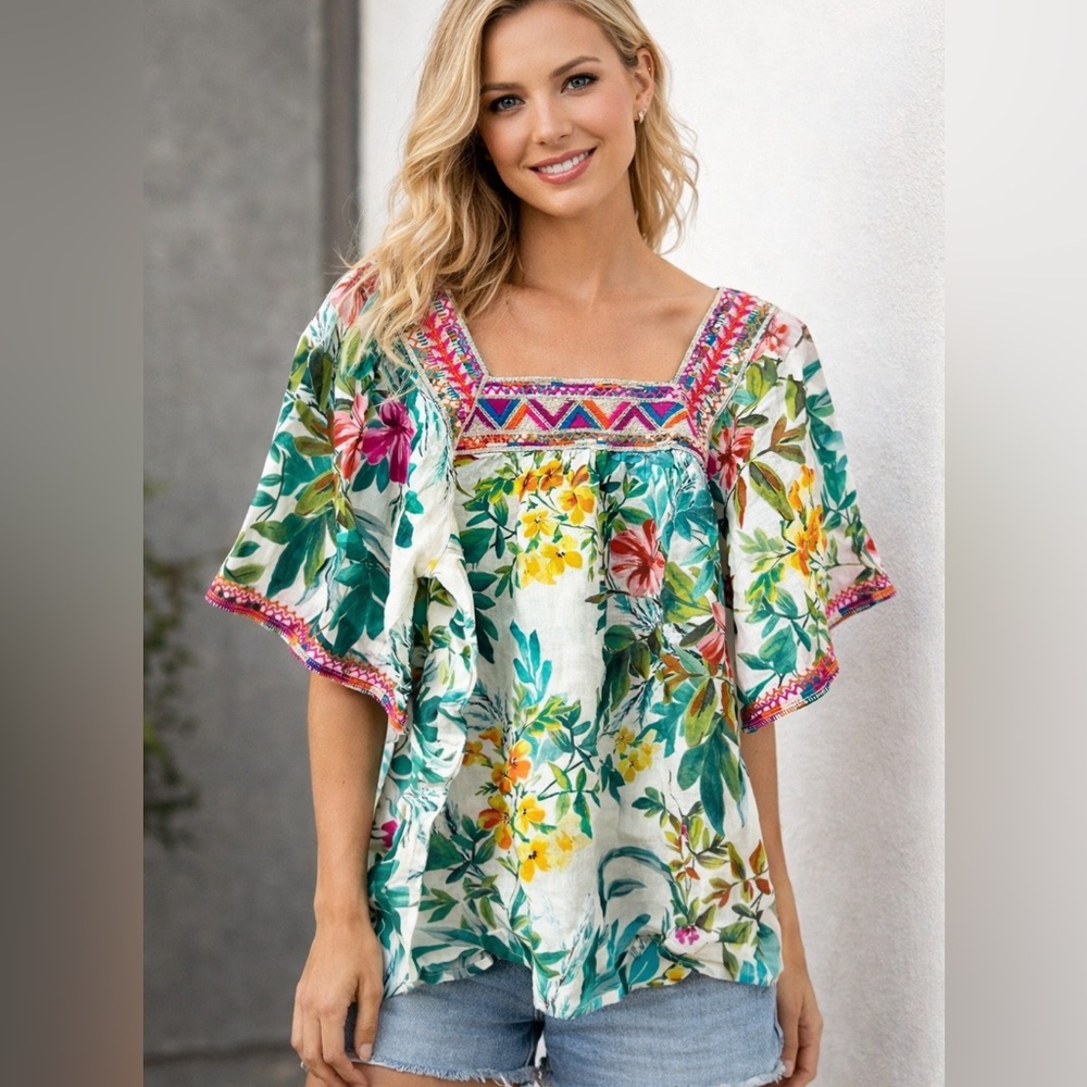JOHNNY WAS Floral top blouse XS,
